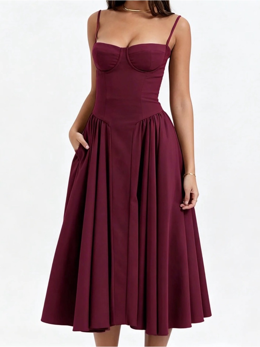 Elegant Burgundy Midi Dress with Sweetheart Bodice Size S